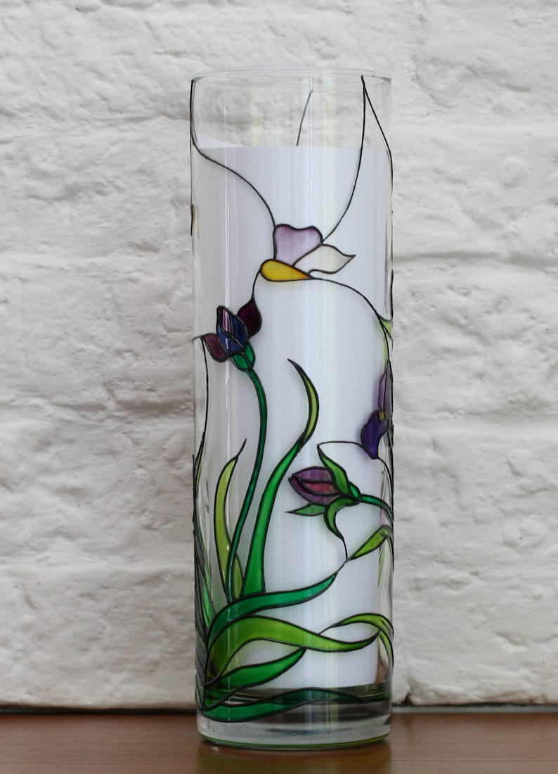 Hand Painted Irises Vase Tiffany Style Flowers Vase Round Etsy