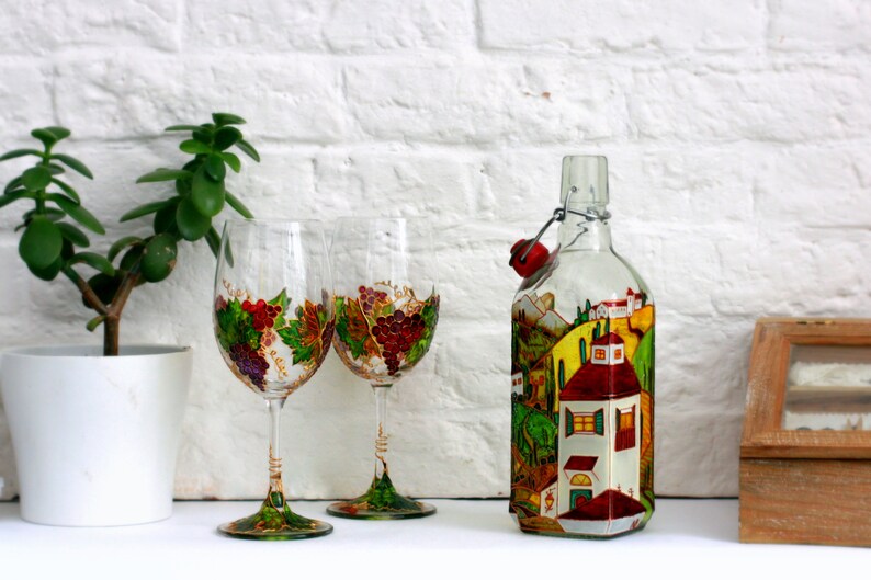 Hand painted Oil bottle Olive oil cruet Vinegar glass Etsy