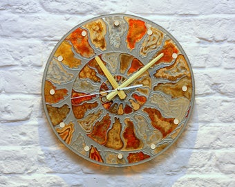 Modern Amber Ammonite stained glass wall clock, Hand painted yellow and orange spiral round clock,Fossil wall decor,Loft minimalist design