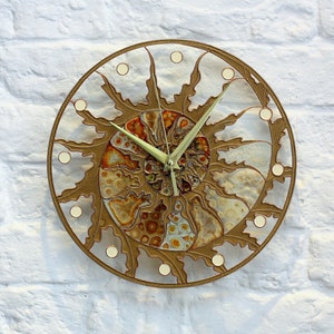 Large Modern stain glass clock. Big Skeleton wall clock. Hand paint glass clock. Fossil Ammonite decor. Designer loft clock. Spiral design Gold