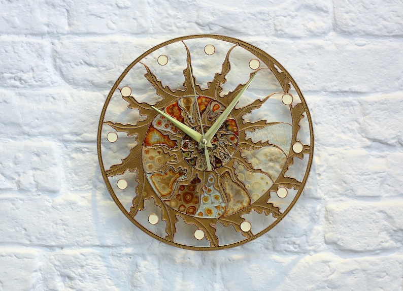 Large Modern stain glass clock. Big Skeleton wall clock. Hand paint glass clock. Fossil Ammonite decor. Designer loft clock. Spiral design Gold