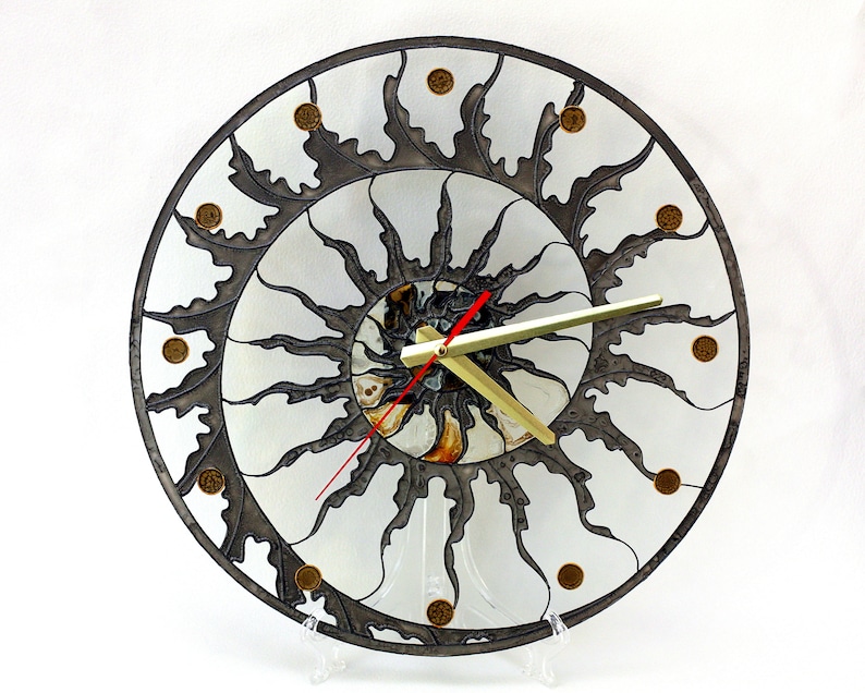 Modern stain glass clock Skeleton wall clock Hand paint glass clock Fossil Ammonite decor Designer loft clock Kitchen glass clock image 2