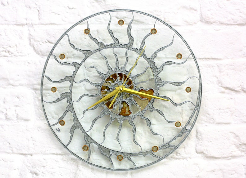 Large Modern stain glass clock. Big Skeleton wall clock. Hand paint glass clock. Fossil Ammonite decor. Designer loft clock. Spiral design Silver