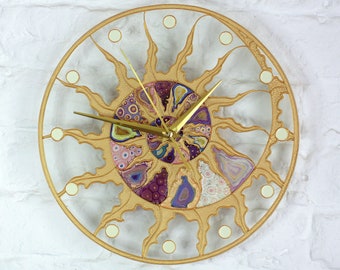 Chic golden and purple stain glass clock - Skeleton trahsparent wall clock - Hand painted Vilet round clock - Fossil Ammonite room decor