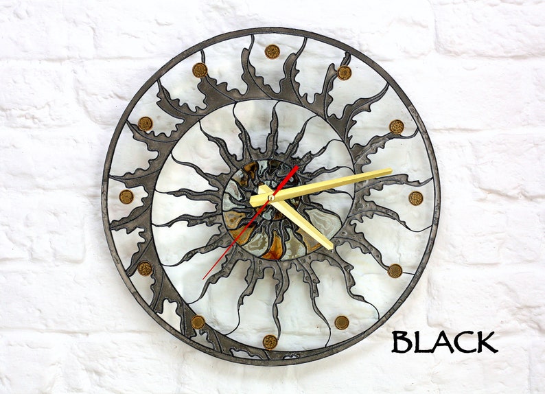 Modern stain glass clock Skeleton wall clock Hand paint glass clock Fossil Ammonite decor Designer loft clock Kitchen glass clock image 9