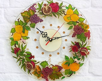Kitchen wall clock hand painted with lemons, grapes and ripe pomegranate - Mediterranean stain glass painted wall clock - Fruit wall decor