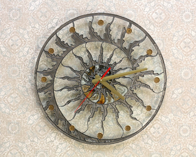 Modern stain glass clock Skeleton wall clock Hand paint glass clock Fossil Ammonite decor Designer loft clock Kitchen glass clock image 5