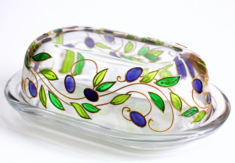 Hand Painted Butter Dish Stain Glass Butter holder Covered Butter Dish Kitchen Container Italian Style Tray With Lid Mediterranean image 10