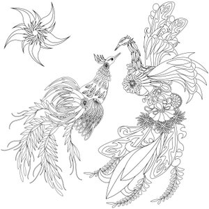 Coloriages à téléchargement immédiat dans un style traditionnel ukrainien, Coloriages d'art décoratif Petrykivka, Coloriage phénix, oiseau printanier