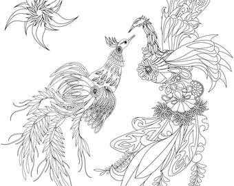 Instant download coloring pages in Ukrainian traditional style, Petrykivka decorative art coloring pages, Phoenix coloring, spring bird