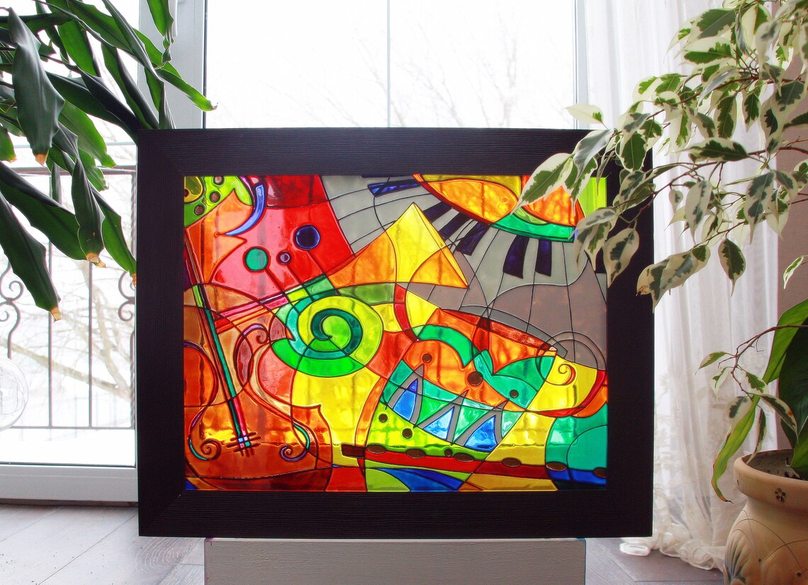 Abstract Painting on Glass Original Stain Glass Panel Etsy