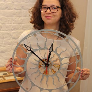 Modern stain glass clock Skeleton wall clock Hand paint glass clock Fossil Ammonite decor Designer loft clock Kitchen glass clock image 4