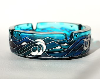 Hand painted ashtray, Blue sea ashtray, Unique stained glass piece, Marine glass bow, Personalized sea lover gift, Waves and seaguls