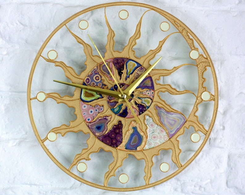 Large Modern stain glass clock. Big Skeleton wall clock. Hand paint glass clock. Fossil Ammonite decor. Designer loft clock. Spiral design Purple
