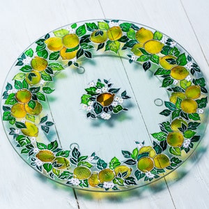Hand Painted Cake Stand - Stained Glass Cake Plate - Swivel Pate with Lemons - Pizza Serving Dish - Large Glass Serving Plate