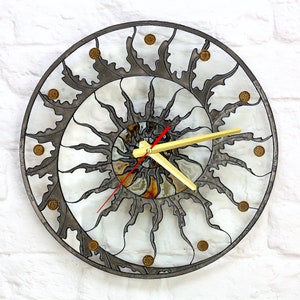 Large Modern stain glass clock. Big Skeleton wall clock. Hand paint glass clock. Fossil Ammonite decor. Designer loft clock. Spiral design Black