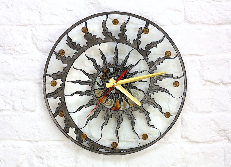 Large Modern stain glass clock. Big Skeleton wall clock. Hand paint glass clock. Fossil Ammonite decor. Designer loft clock. Spiral design Black
