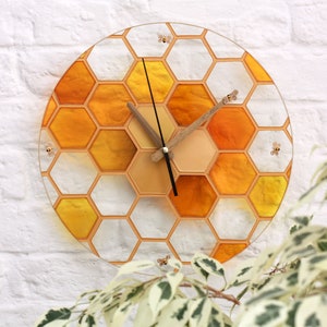 Honeycomb kitchen clock with small bees on hands - Stain glass yellow wall decor - Hand painted round honey clock - Skeleton golden clock