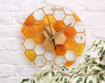 Honeycomb kitchen clock with small bees on hands - Stain glass yellow wall decor - Hand painted round honey clock - Skeleton golden clock