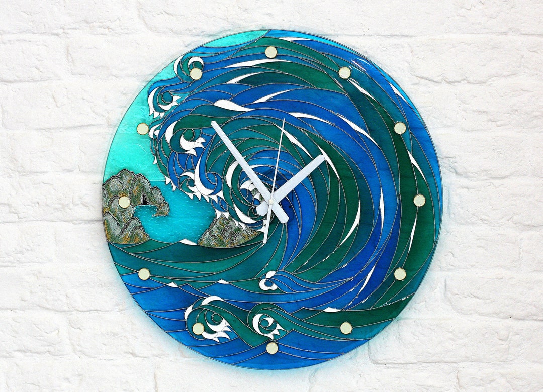 Glasmalerei Meer und Fjiord stille Wanduhr, handgemalte runde