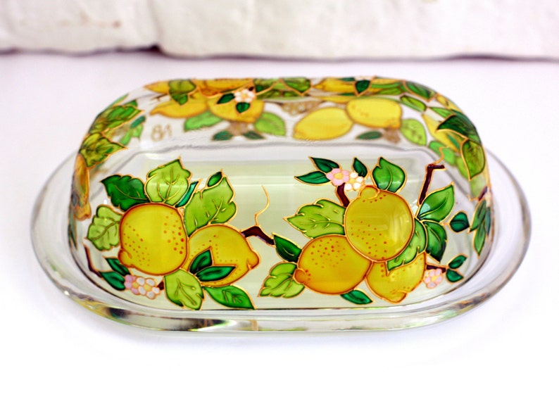 Hand Painted Butter Dish Stain Glass Butter holder Covered Butter Dish Kitchen Container Italian Style Tray With Lid Mediterranean image 3