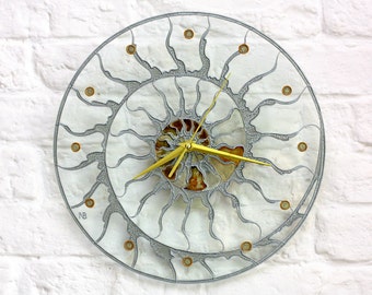 Modern stain glass clock - Skeleton wall clock - Hand paint glass clock - Fossil Ammonite decor - Designer loft clock - Kitchen glass clock