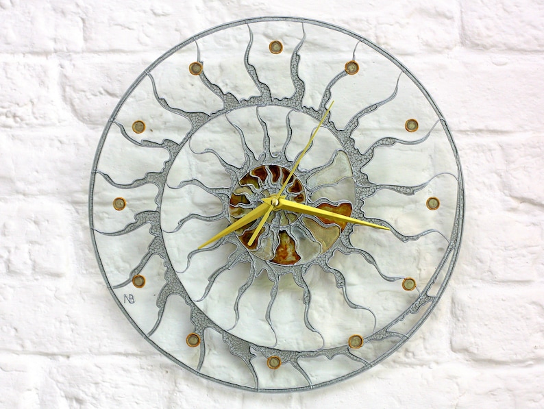 Modern stain glass clock Skeleton wall clock Hand paint glass clock Fossil Ammonite decor Designer loft clock Kitchen glass clock image 1