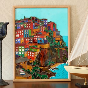 Original Cinque Terre painting on glass, Bright Manarola houses picture, Stain glass painting of La Spezia, Italian landscape suncatcher