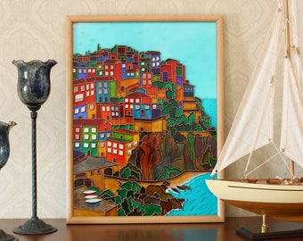 Original Cinque Terre painting on glass, Bright Manarola houses picture, Stain glass painting of La Spezia, Italian landscape suncatcher