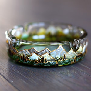 Rocky Mountains unique hand painted ashtray, Hills and Forest painting, Nature inspired bowl for hiker, Personalized climber tourist gift