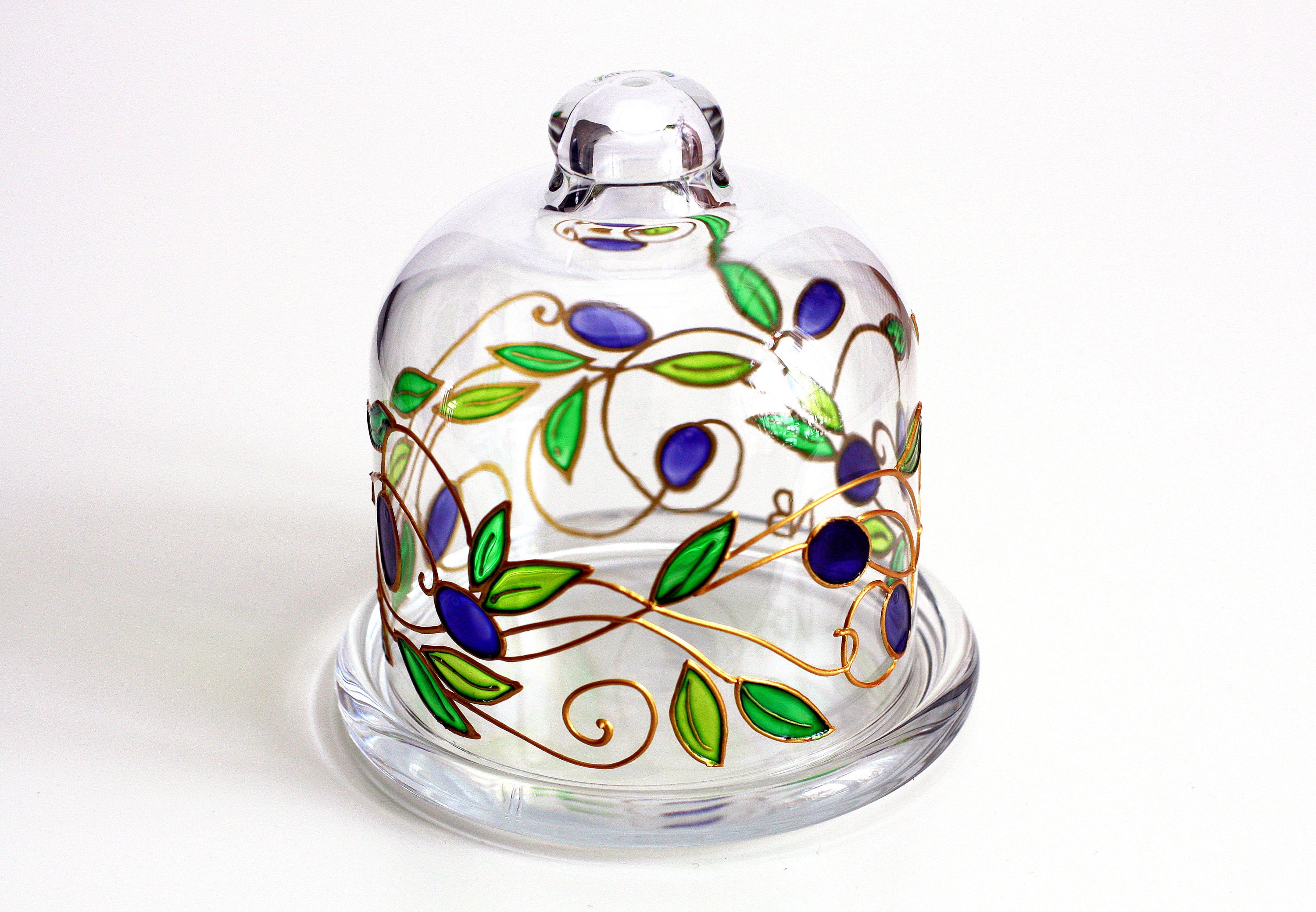 Hand Painted Lemon Holder With Olives-Hand Painted Glass Butter Server-Glass Cloche with olives pattern-Kitchen Container-Italian style tray