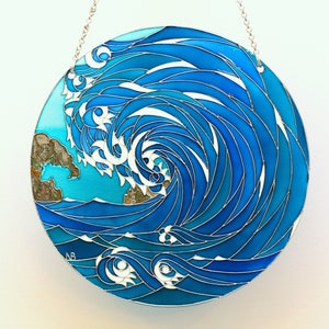 Stain glass sea - Hand painted glass panel - Blue water suncatcher - Ocean waves glass pannel - Storm painting - Norwegian fjord wall decor