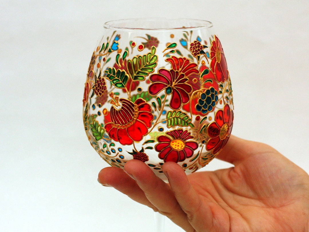Hand Painted Red Wine Glass Large Floral Wedding Goblet Set Etsy