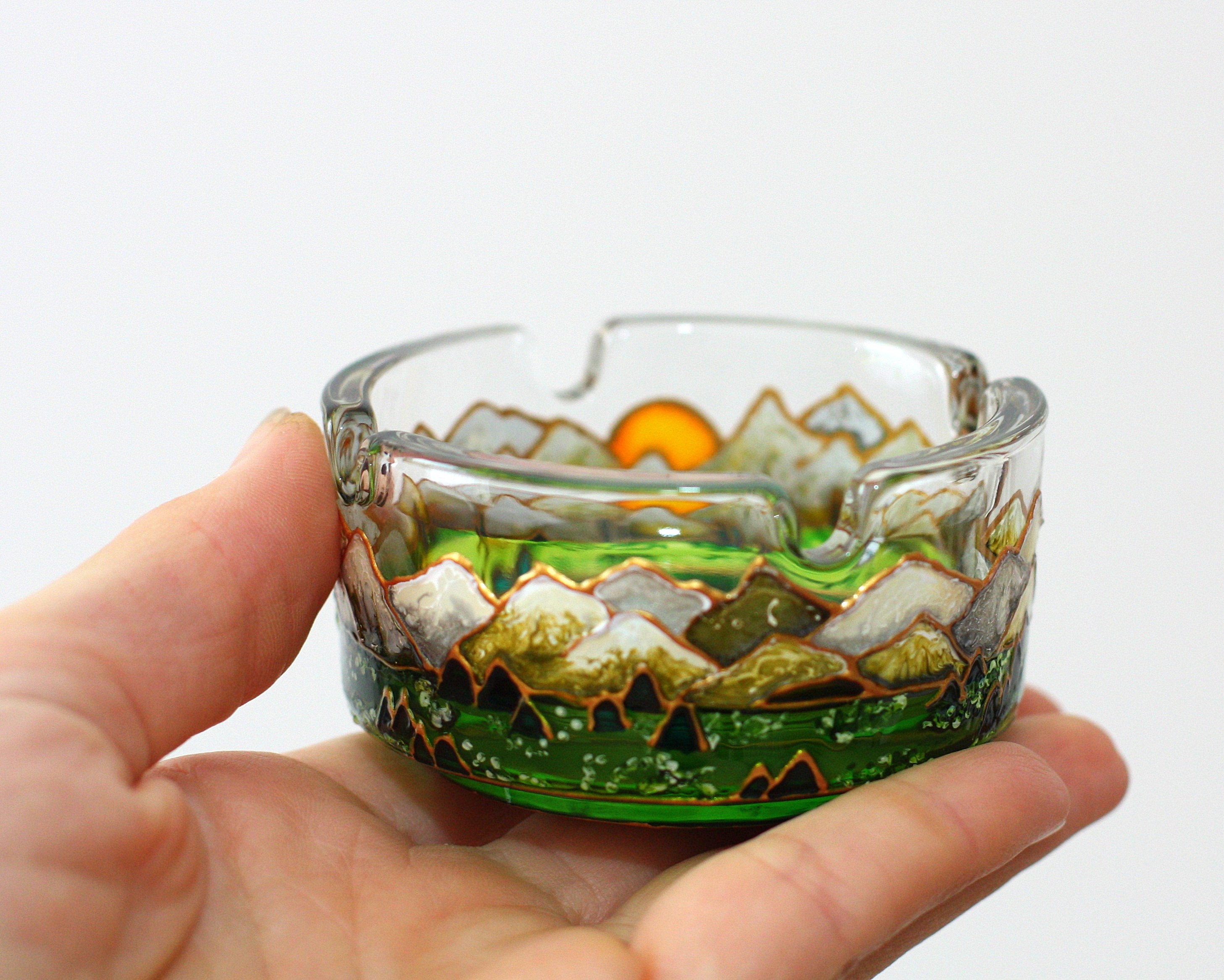 Rocky Mountains miniature hand painted ashtray, Hills and Forest painting, Nature inspired bowl for hiker, Personalized climber tourist gift