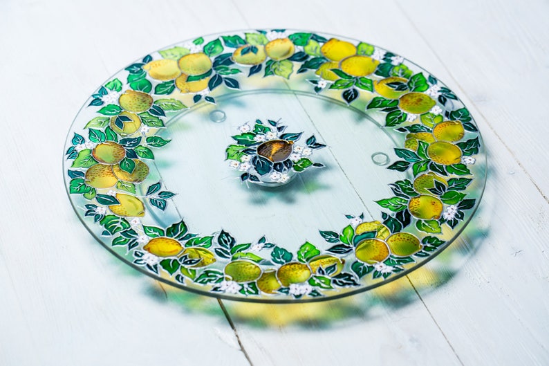 Hand Painted Cake Stand Stained Glass Cake Plate Swivel Etsy