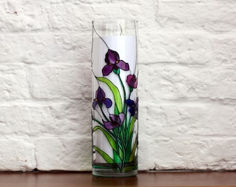 Hand Painted Irises Vase - Tiffany Style Flowers Vase - Round glass Vase - Stained Glass Vase - Handpainted glass vase - Cottage chick vase