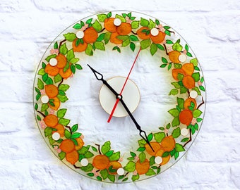 Stain glass kitchen clock - Hand paint glass clock - Round wall clock - Italy wall clock - Mediterranean wall decor - Sicily lemon clock
