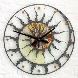 Large stain glass clock. Huge Skeleton wall clock. Hand painted Designer loft clock. Extra big spiral clock. Big Fossil Ammonite decor