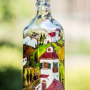 Hand painted Oil bottle, Olive oil cruet, Vinegar glass dispenser, Toscana landscape, Italian style, Kitchen decoration, Housewarming gift
