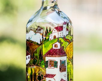Hand painted Oil bottle, Olive oil cruet, Vinegar glass dispenser, Toscana landscape, Italian style, Kitchen decoration, Housewarming gift