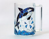 Glass Mug with Killer Whale polygonal image, Coffee Cup with Geometric Shark painting, Marine life minimalist painting on glass