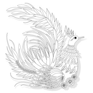 Coloriages à téléchargement immédiat dans un style traditionnel ukrainien, Coloriages d'art décoratif Petrykivka, Coloriage phénix, oiseau printanier