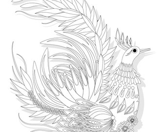 Instant download coloring pages in Ukrainian traditional style, Petrykivka decorative art coloring pages, Phoenix coloring, spring bird