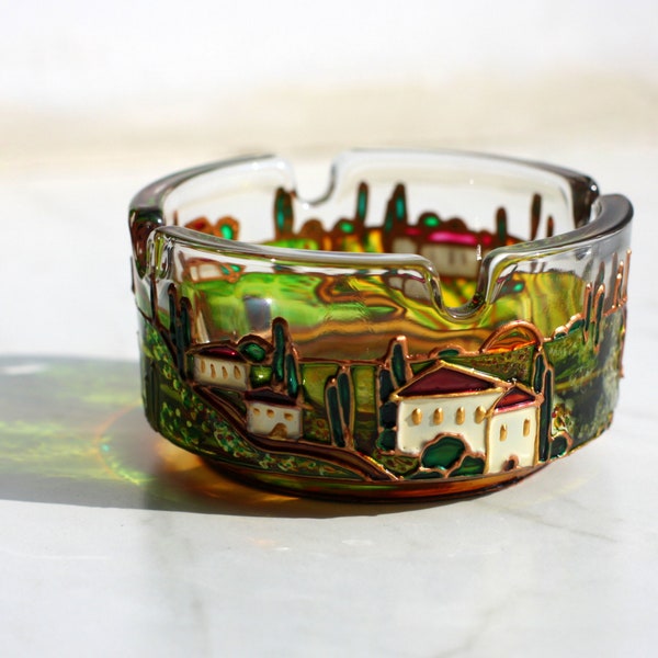 Tuscany miniature hand painted ashtray, Italian landscape stain glass bowl, Florence inspired bowl for tourist, Personalized Italian gift