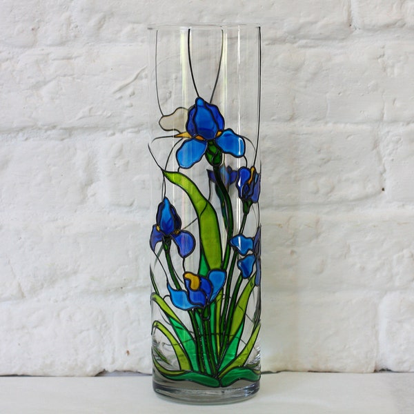 Cobalt blue Irises Vase - Tiffany Style Flowers Vase - Round glass Vase - Stained Glass Vase - Hand painted glass vase - Cottage chick decor