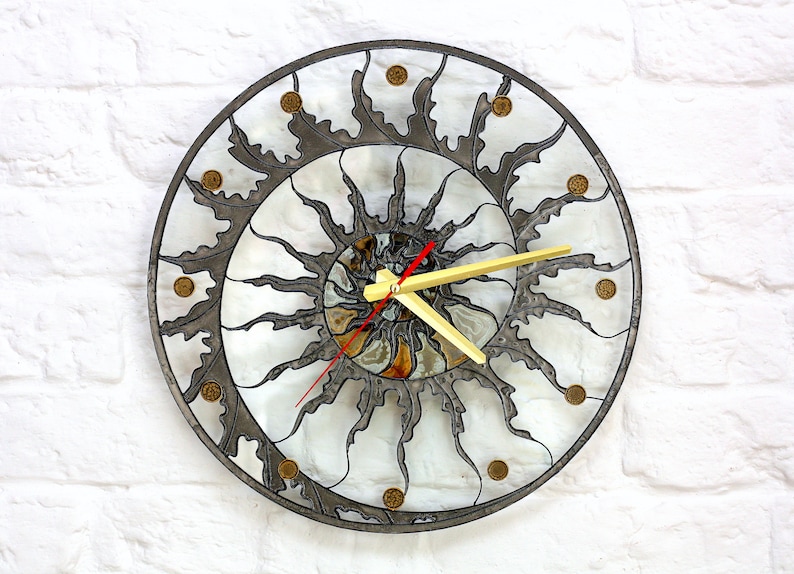 Modern stain glass clock Skeleton wall clock Hand paint glass clock Fossil Ammonite decor Designer loft clock Kitchen glass clock image 1