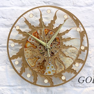 Modern stain glass clock Skeleton wall clock Hand paint glass clock Fossil Ammonite decor Designer loft clock Kitchen glass clock image 10