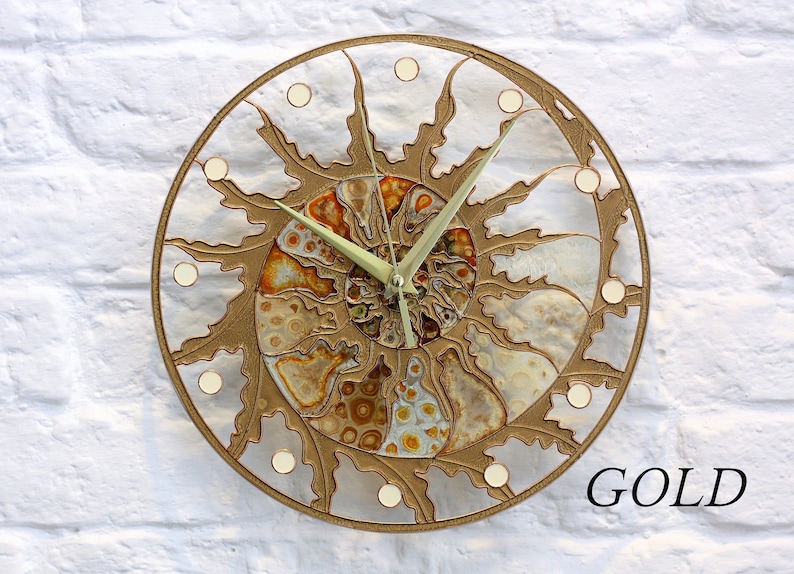 Modern stain glass clock Skeleton wall clock Hand paint glass clock Fossil Ammonite decor Designer loft clock Kitchen glass clock image 10