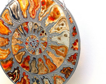 Ammonite stain glass suncatcher - Sea shell wall hanging - Fossil slice decor - Fibonacci golden spiral art - Round orange painting on chain