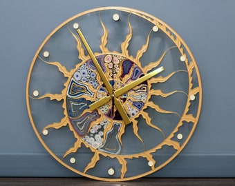 Large Golden and Purple unique chic round glass clock. Big Skeleton spiral clock. Hand painted Fossil Ammonite decor. Bedroom wall panel